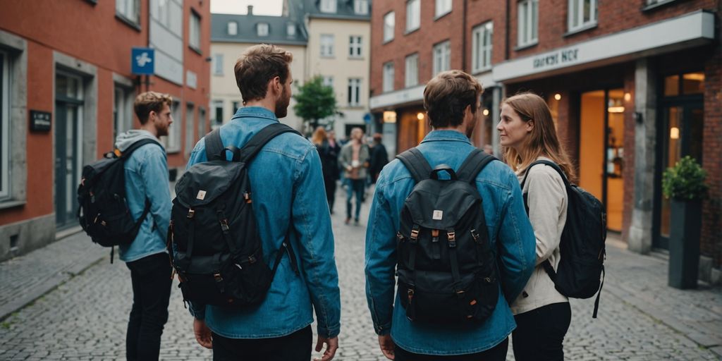 Gruppe von Freunden vor einem Hostel