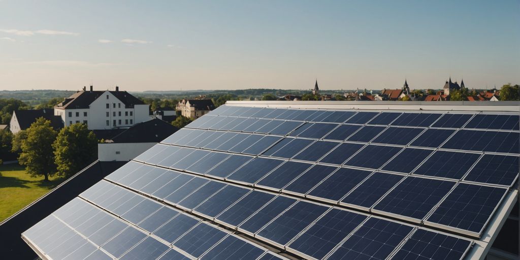 Hotel mit Solarpanelen und blauem Himmel