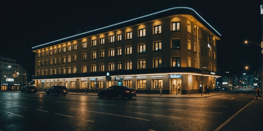 Budget-Hotel nahe U-Bahn-Station bei Nacht