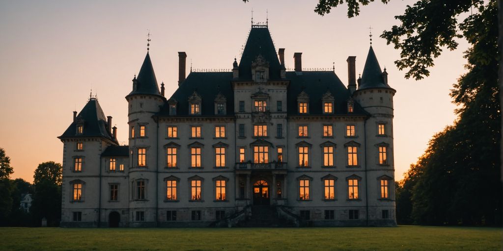 Historisches Schloss bei Sonnenuntergang mit beleuchteten Fenstern.